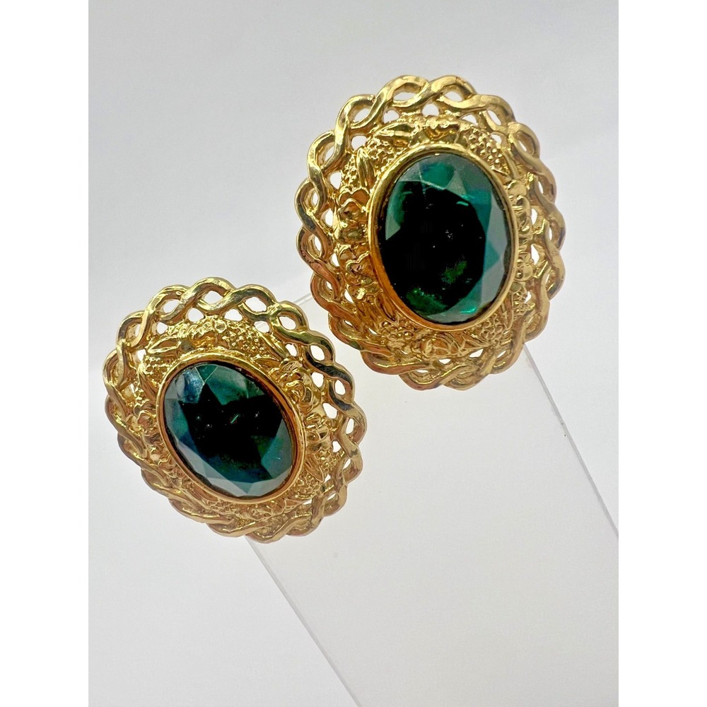 Vintage Clip On Earrings Monet MJENT Emerald Green Cabochon Gold Tone Filigree